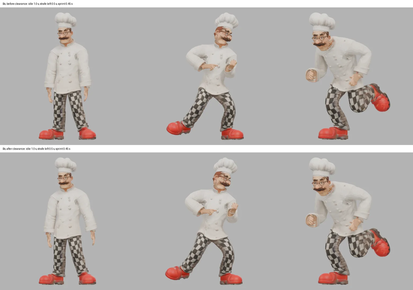 Bo in idle, strafe and sprint before and after: before, his forearms sink into the sides of his chef's jacket and his raised heel folds into the back of his thigh; after, his arms hang just clear of the jacket and the raised leg bends less