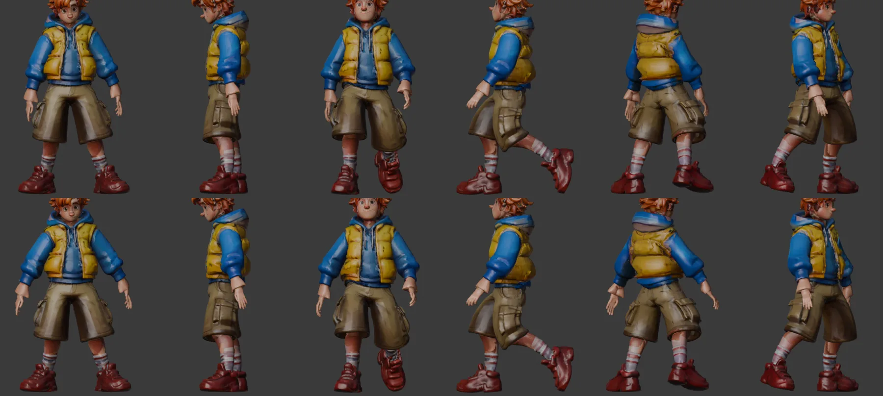 Pip in idle, walk and a 180-degree turn, front and side, before and after the contact solve: before, his hands sink into the sides of his baggy shorts; after, they hang just outside them, and in the turn his arms swing clear of his puffy vest