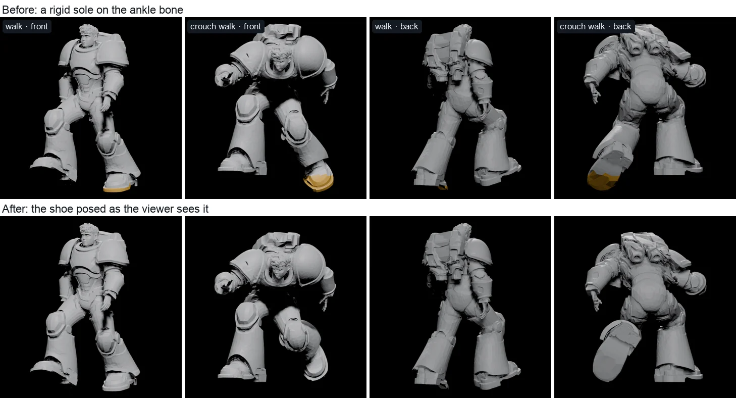 Cadet walking and crouch-walking, from the front and from behind, before and after, with every face more than 1 cm below the floor painted amber: before, a boot goes through the floor in each view; after, none