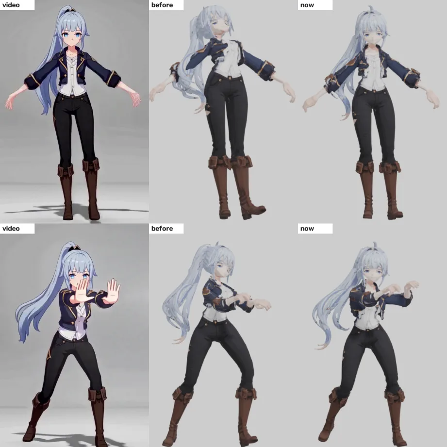 Aoi in frames 24 and 72: the video, the old rig with her head tipped down and arms low, and the rig now standing upright with arms raised