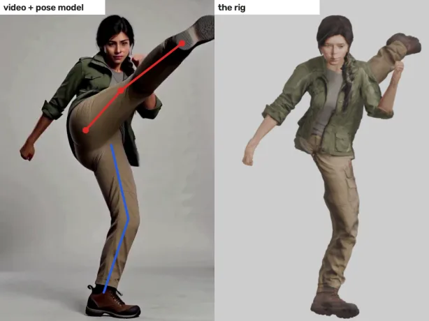 The top of Mara's kick before the refine: in the video the leg points up at head height while the pose model's leg points are bunched near her hip; the rig's leg is folded