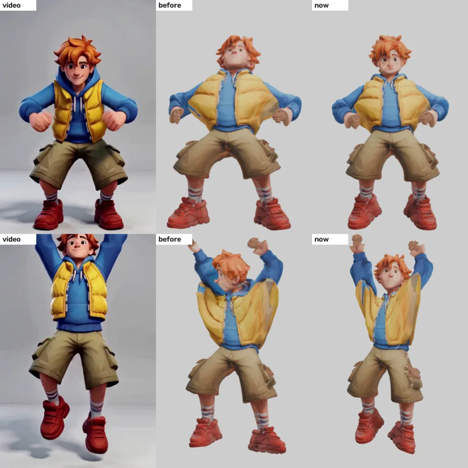 Pip in frames 24 and 60: the video, the old rig with his head thrown back, and the rig now facing forward with arms overhead
