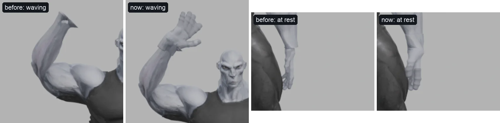 Gray's hand before and after: before, the waving hand is a small hook and the resting hand thin under a cuff-like step; now, an open hand as broad as the forearm