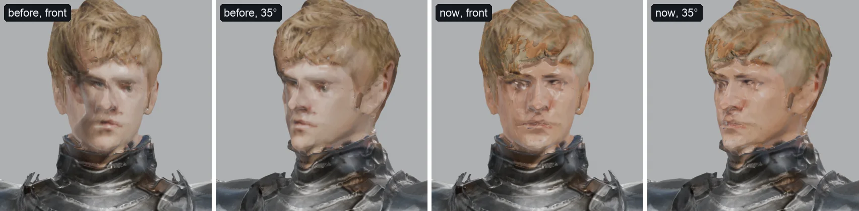 Knight's face before and after, from the front and at 35 degrees: before, the fringe falls across one eye and the features are doubled; then, one face on the geometry, with blotchier hair at the fringe