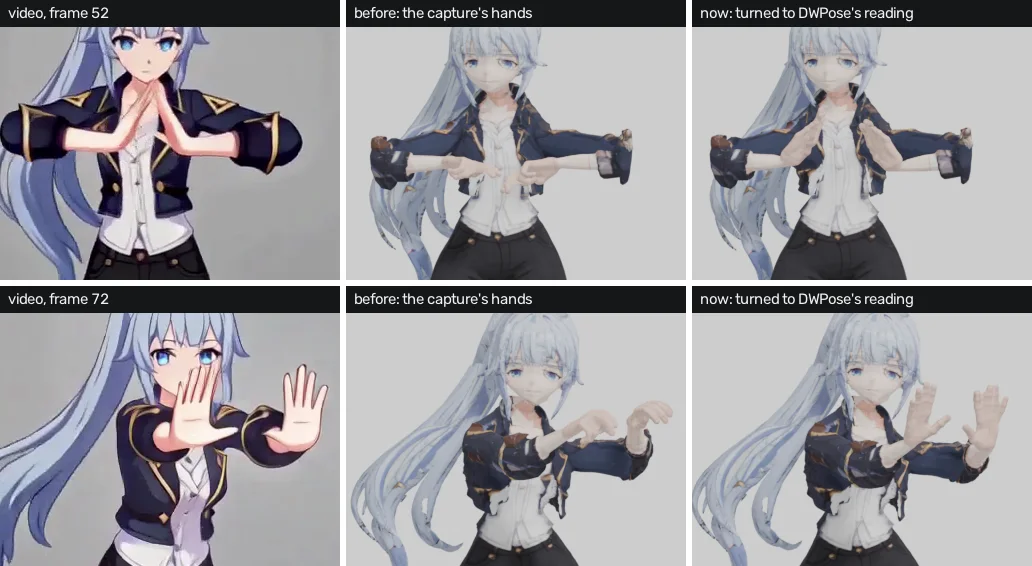 Aoi's spell cast at frames 52 and 72: the video, the rig before with curled palm-down hands, and the rig now with open hands, palms to the camera