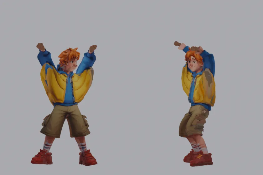 Pip with both arms overhead, front and side: the yellow vest's side panels lifted into wings