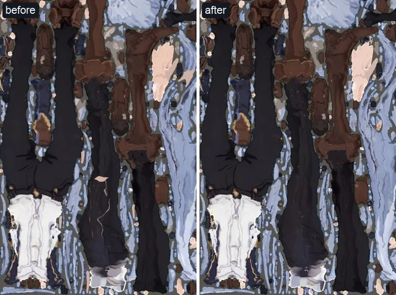 Aoi's trouser texture before and after: before, pale slashes across the dark fabric; after, clean