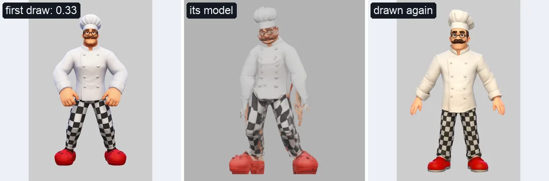 Bo the chef: the first reference with his fists on his hips, the model it made with shredded hands at his belt, and the reference drawn again with his arms clear