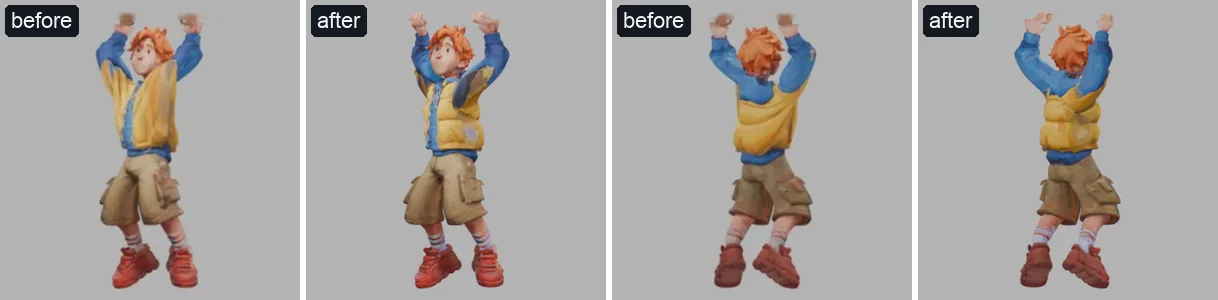Pip's victory cheer with both arms straight up, before and after: before, the vest's sides rise with the arms; after, the vest stays down and the armpits stretch