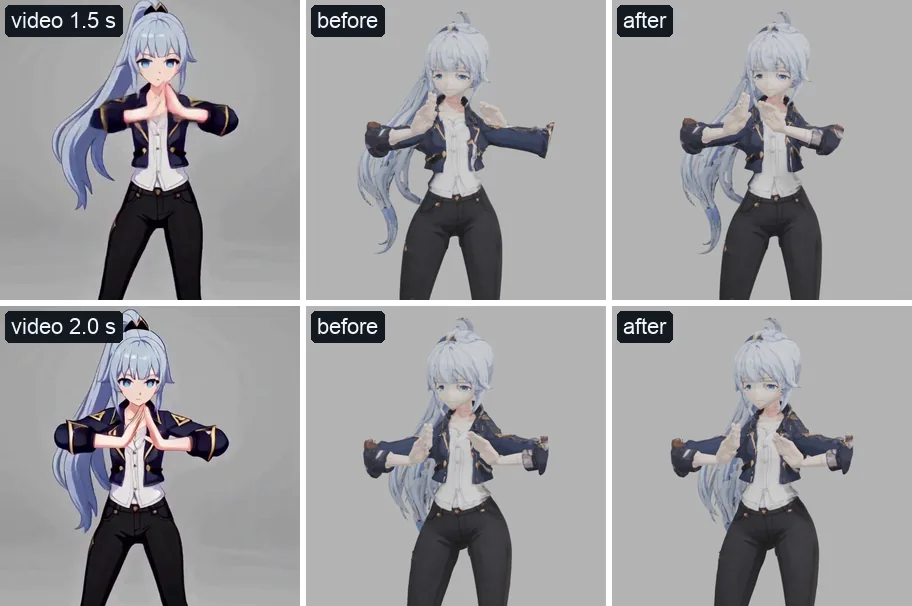 Aoi's spell cast at 1.5 and 2 seconds: the video; before, at 1.5 seconds her left jacket sleeve sticks far out sideways past an elbow folded back on itself; after, both elbows out as in the video with her hands in front of her chest. At 2 seconds the elbow was already within range and nothing changes