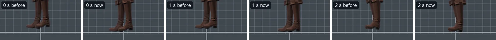Aoi's spell cast from the side at 0, 1 and 2 seconds: before, both boots hover above the grid's floor line; now they stand on it
