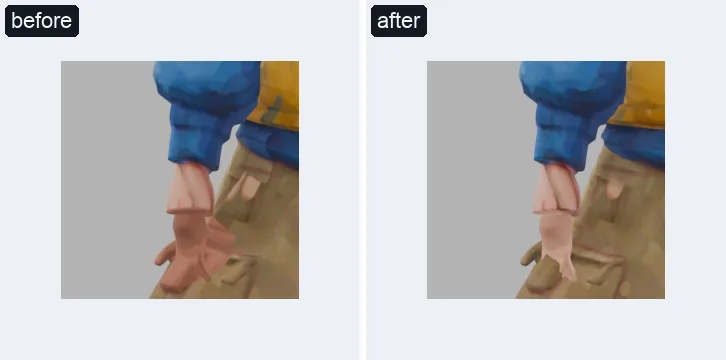 Pip's hands before and after: brown and grey before, peach like his face after