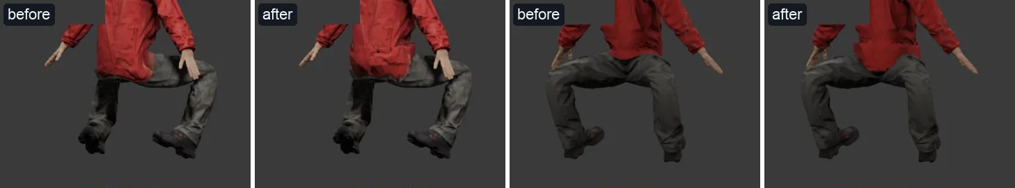 Juno crouching, before and after: before, the red jacket's hem is pulled down between her thighs; after, it hangs level over her hips