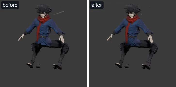 Kaito crouching: before, a hair spike floats beside his head, left where the rest pose had it; after, it moves with his head