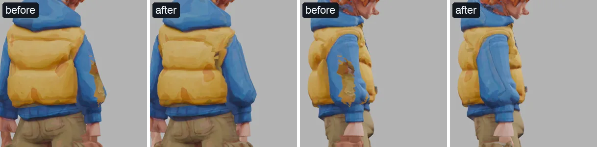 The back of Pip's upper arm: before, patches of the vest's yellow on his blue sleeve; after, clean blue