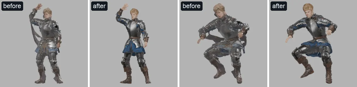Knight waving and jumping, before and after: before, grey sheets hang from his arms to his hips; after, none