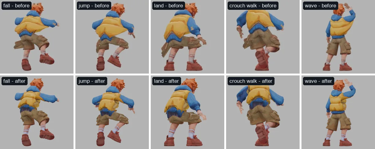 Pip from behind in five poses, before and after: before, the yellow vest flares out like wings and a pocket juts from his thigh; after, the vest stays on his torso