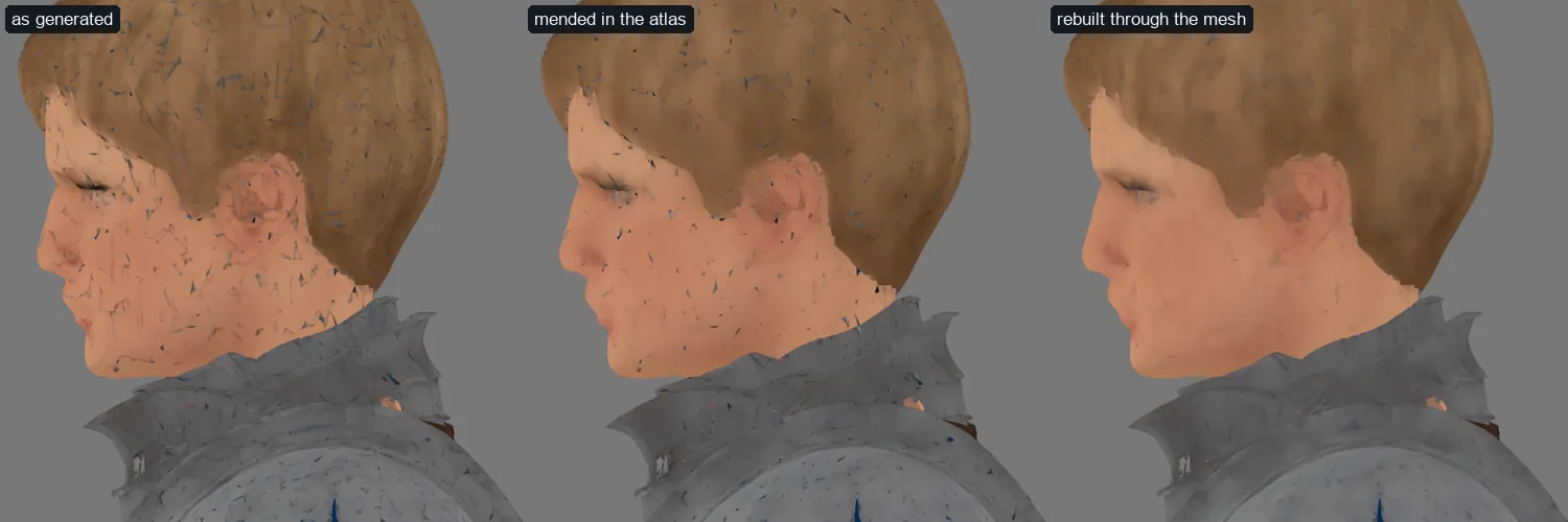 Knight's generated head in its own colours from the side: crackled with short grey lines as generated, dark flecks when mended in the atlas, clean skin and hair when rebuilt through the mesh