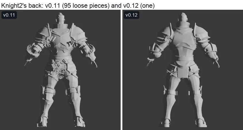Knight2's back under a raking light: noise and floating shards in v0.11, a clean back in v0.12