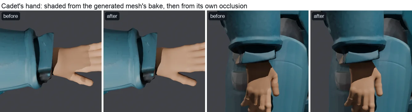 Cadet's hand from above and hanging, before and after: a pale patch across the back of the hand before, an even skin tone with soft shade between the fingers after