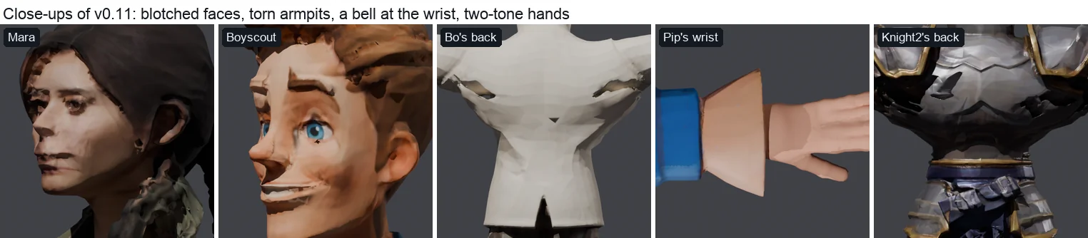 Five close-ups of version 0.11 builds: Mara's and the boy scout's faces at three-quarter view with dark patches where the picture's shading lands on the cheeks; Bo's back with dark tears under the arms; Pip's wrist with a skin-coloured bell between the cuff and the hand; Knight2's back with dark gaps between the plates