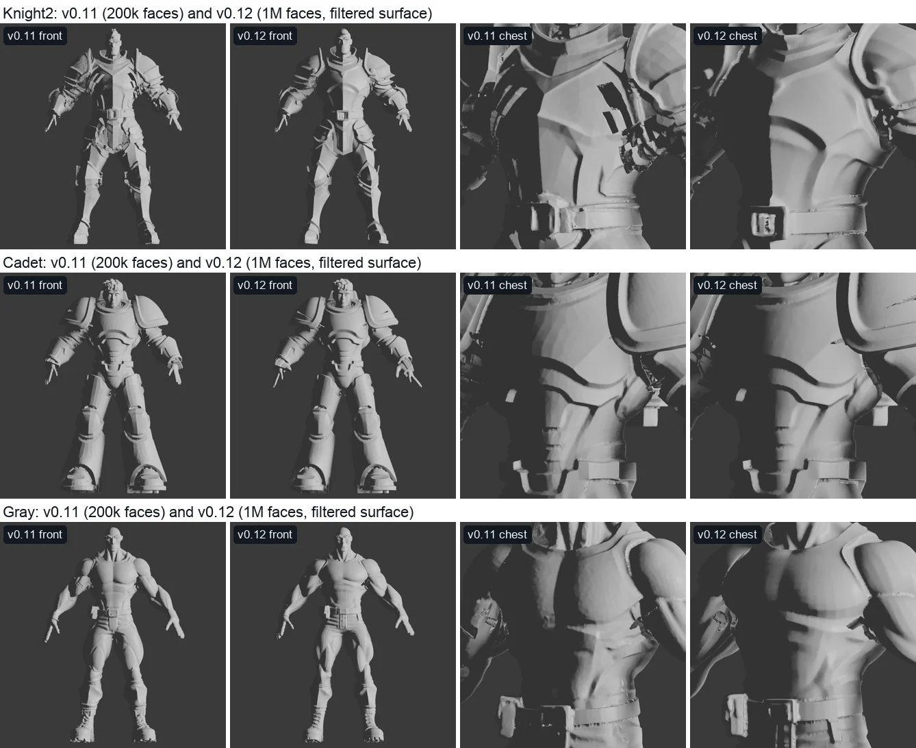 Knight2, Cadet and Gray as shipped, grey under a raking light, v0.11 beside v0.12: faceted plates and a jagged slot before, smooth plates with crisp edges after