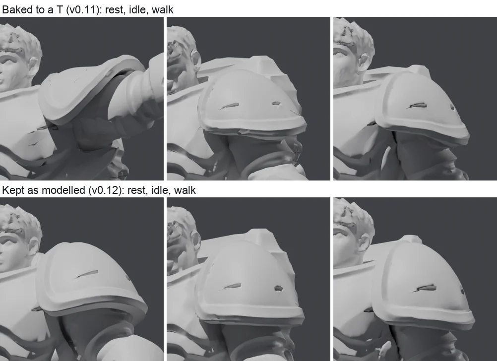Cadet's shoulder at rest, idle and walking: slivers and torn armour under the pauldron with the T baked in; the plate whole with the modelled pose kept