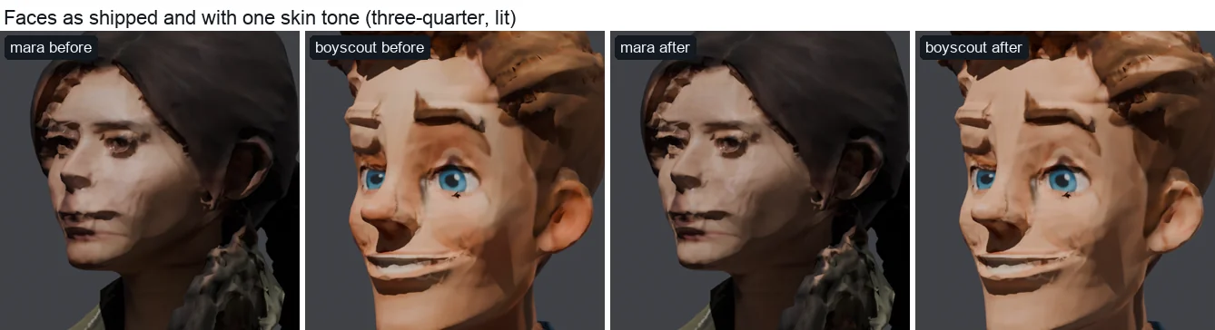 Mara's and the boy scout's faces at three-quarter view before and after: the skin evener after, the features unchanged