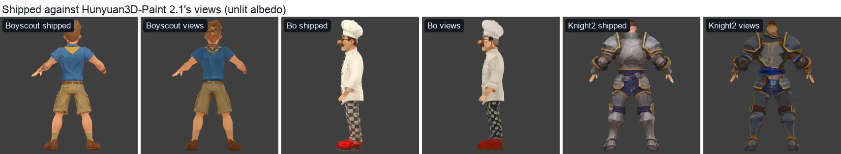 Shipped textures beside Hunyuan3D-Paint's views: a face-like pattern on the back of the boy scout's head, Bo's checks turned to dots, Knight2's back plate darker with a pale patch