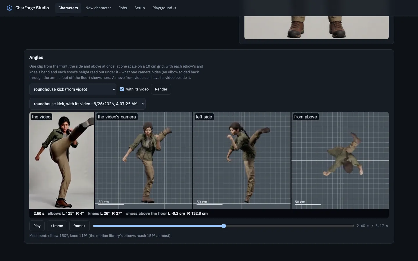The Angles panel on Mara's page, paused at the top of her roundhouse kick: the video, its camera, the left side and above, with the joint readout under them and play, frame-step and scrub controls below