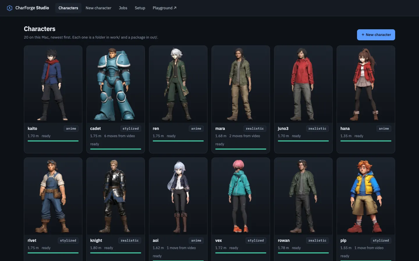 The Studio's character grid: the fourteen characters on this Mac with their styles, heights and moves