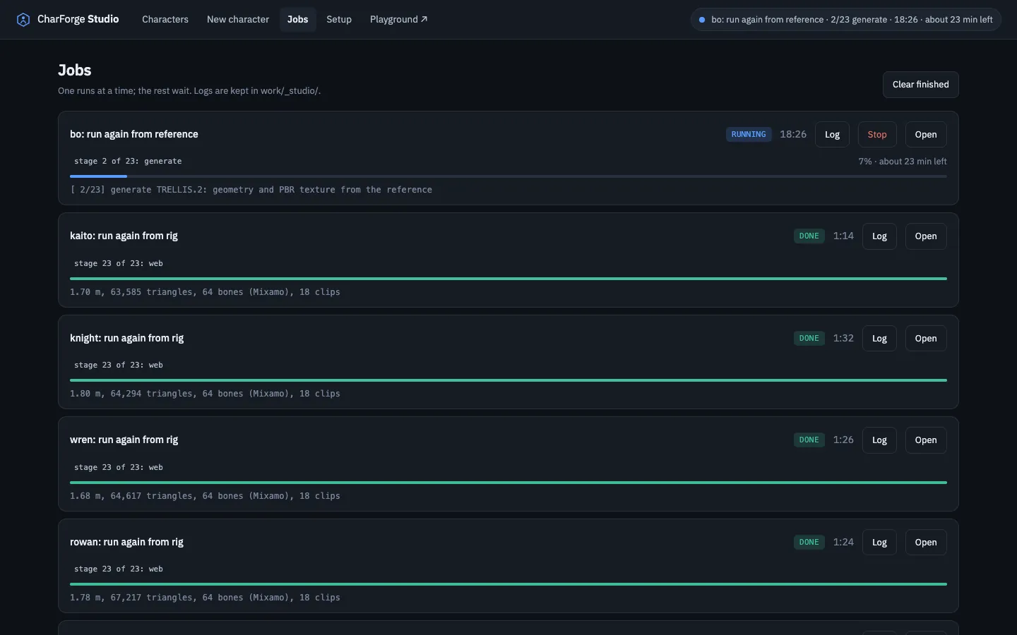 The Jobs page: the running job's stage and progress bar with the time left, and the queued jobs with when each starts and how long it takes