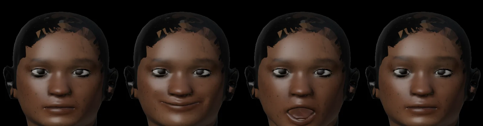 The template's head fitted to Mara and painted with her colours, in four expressions: neutral, smiling, jaw open and brows raised, with white eyes, dark brown irises and pupils
