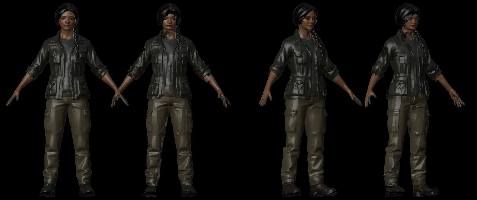 Mara as shipped beside Mara rebuilt on a template body, from the front and three-quarter: the rebuilt one has the template's face, neck, forearms and hands painted with her colours, and her jacket, shirt, trousers, hair, braid and boots kept as one outer layer; one boot toe and the sleeve cuffs show specks