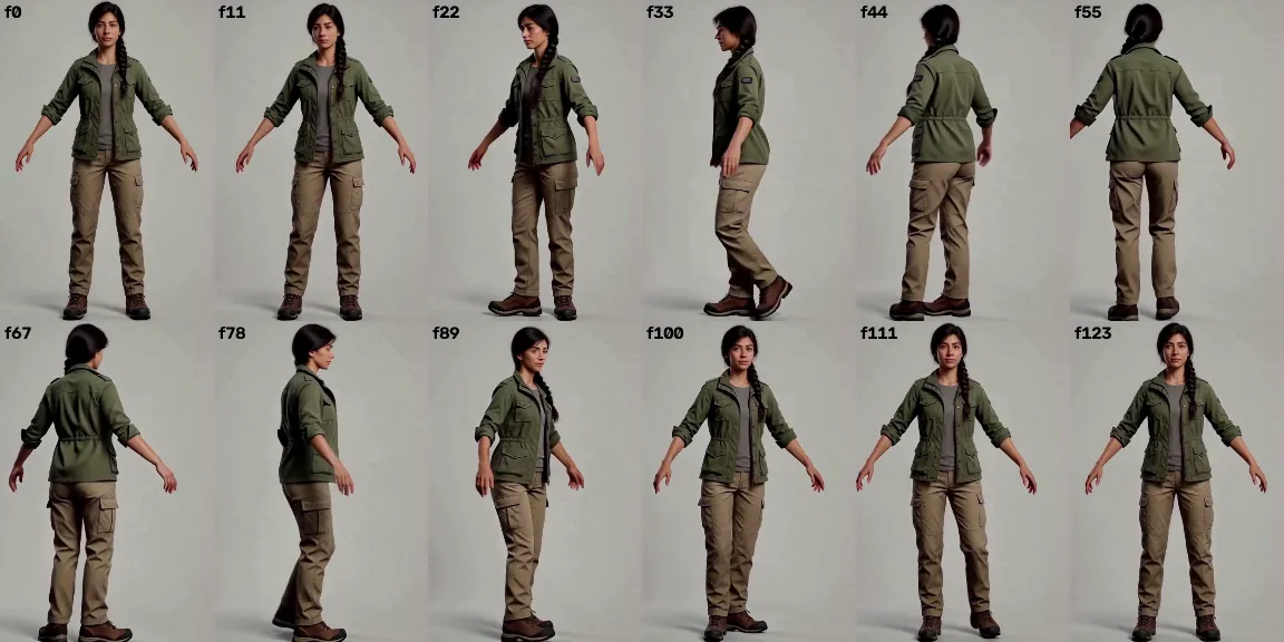 Twelve frames of the generated turntable: Mara turning through a full circle, front, side, back, side and front again