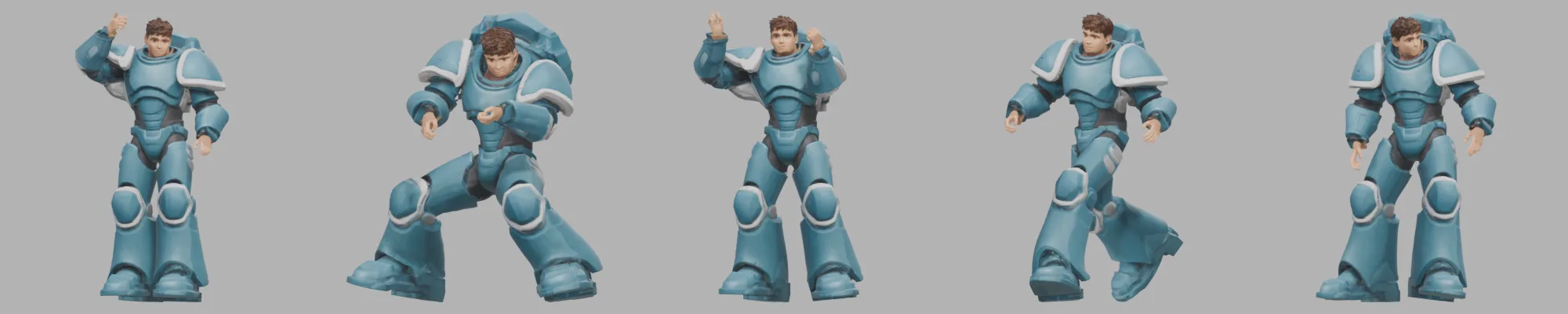 Cadet, a young space marine in teal armour, in five moves generated from text: a salute with his right hand at his brow, a wide combat-ready stance with fists raised, a raised fist, a high-knee marching step, and standing upright looking to one side