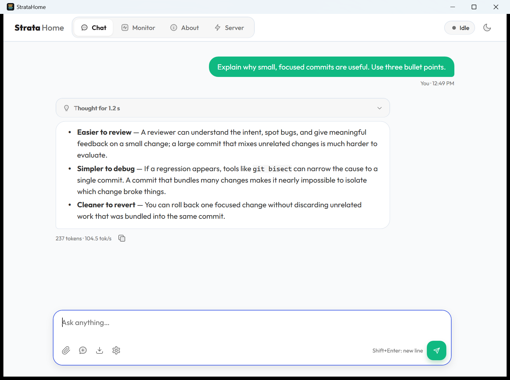 StrataHome v0.2.0 Chat tab with a Markdown answer, collapsible thinking, and tokens plus tok/s beneath the answer.