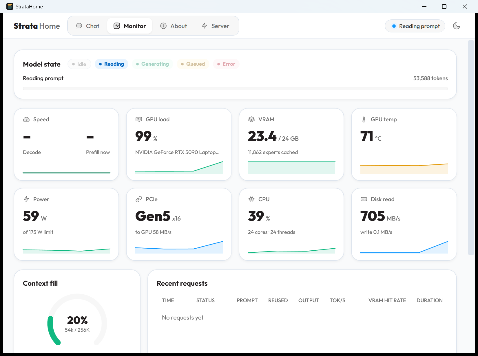 StrataHome v0.2.0 Monitor tab showing live model state, token speed, GPU and memory metrics, with Chat, Monitor, About and Server navigation.